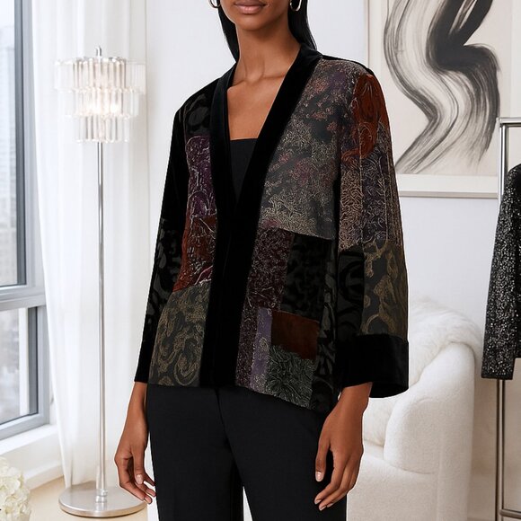 Chico's Women's Silk Rayon Patchwork Semi Sheer Burned Velvet Jacket Size 1/M - Picture 1 of 15